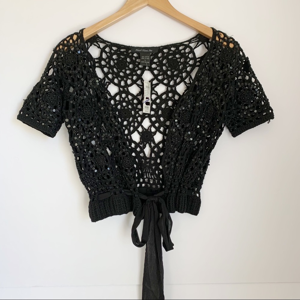 NWT Vintage Y2K Black Crocheted Beaded Short Sleeve Cardigan Women Medium